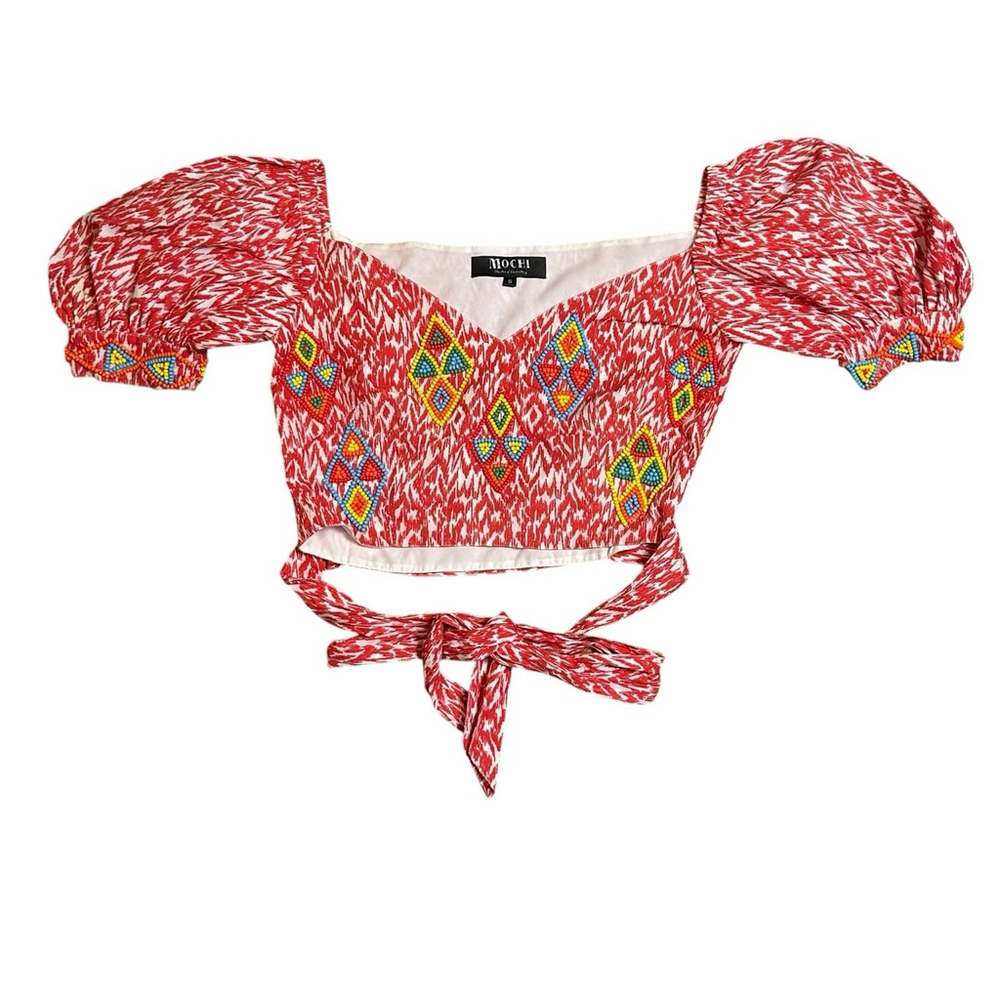 All Things Mochi Cropped Beaded Tie Waist Malika Top Puff Sleeve Cotton S *READ*